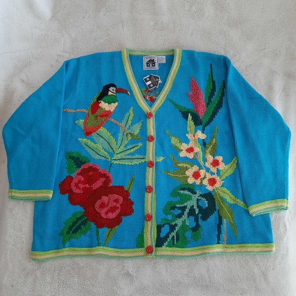 Storybook Hand Knit 3D Sweater Cardigan Tropical Parrot Floral Sz 3XL Teal Blue - Picture 1 of 14